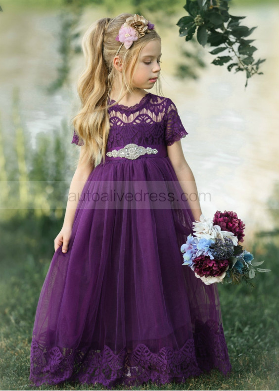 Short Sleeve Eggplant Lace Tulle Floor Length Flower Girl Dress